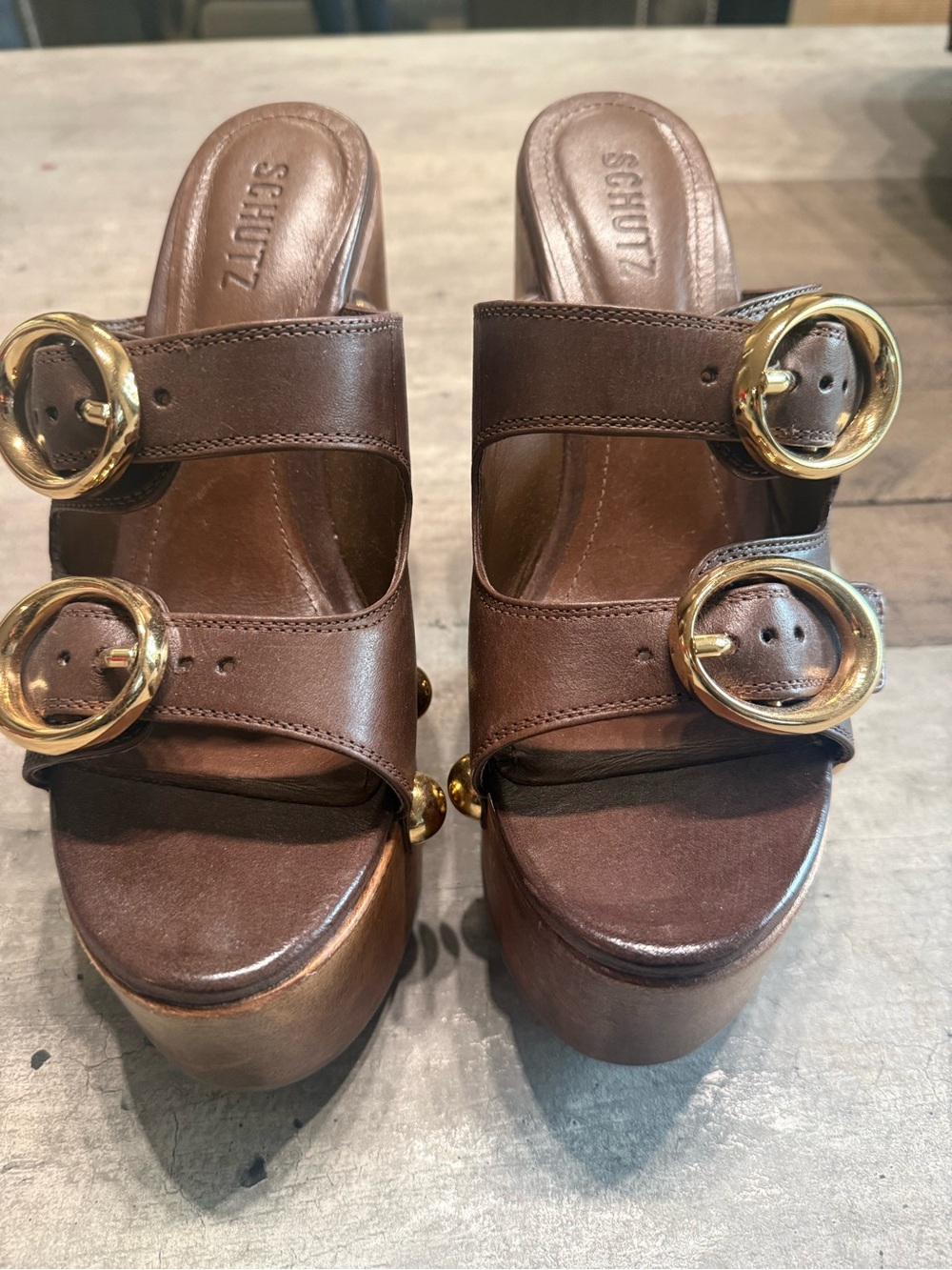 SCHUTZ Juno Brown Leather Platform Slide Sandals with Gold Accents - Picture 8 of 12